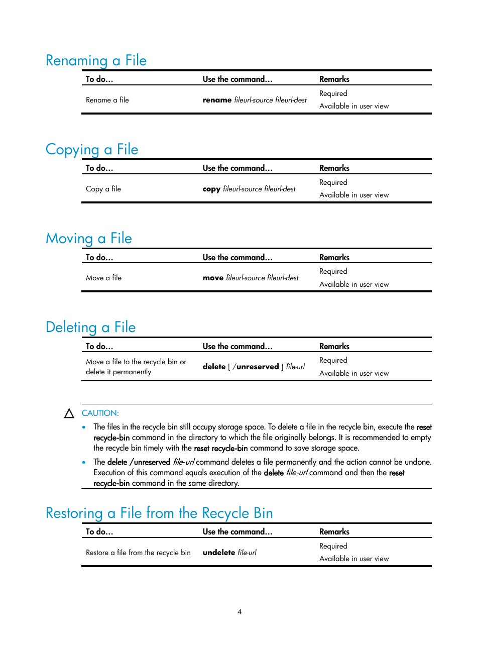 Renaming a file, Copying a file, Moving a file | Deleting a file, Restoring a file from the recycle bin | H3C Technologies H3C SecPath F1000-E User Manual | Page 171 / 326