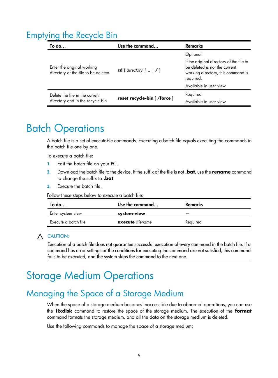 Emptying the recycle bin, Batch operations, Storage medium operations | Managing the space of a storage medium | H3C Technologies H3C SecPath F1000-E User Manual | Page 172 / 326