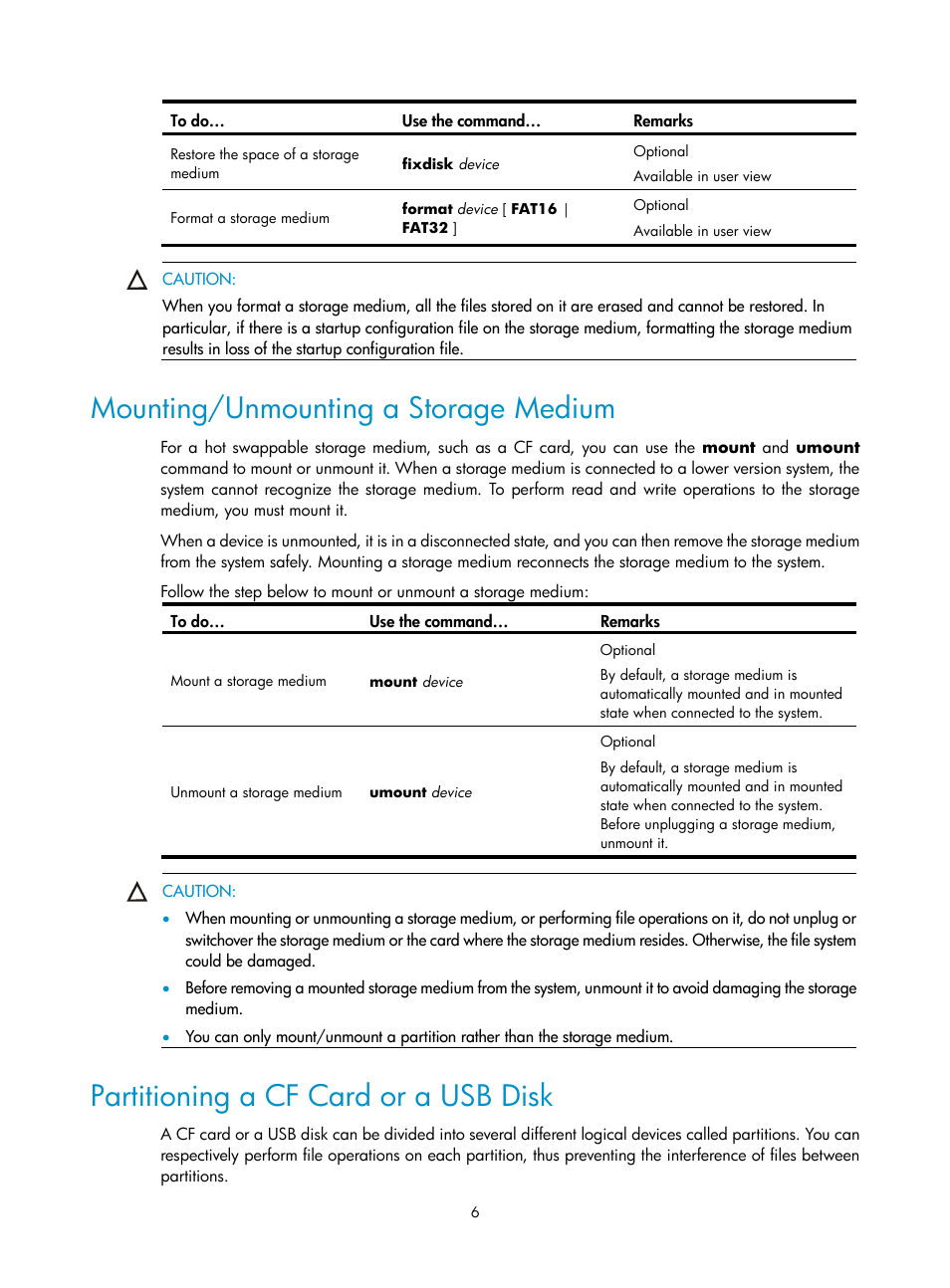 Mounting/unmounting a storage medium, Partitioning a cf card or a usb disk | H3C Technologies H3C SecPath F1000-E User Manual | Page 173 / 326