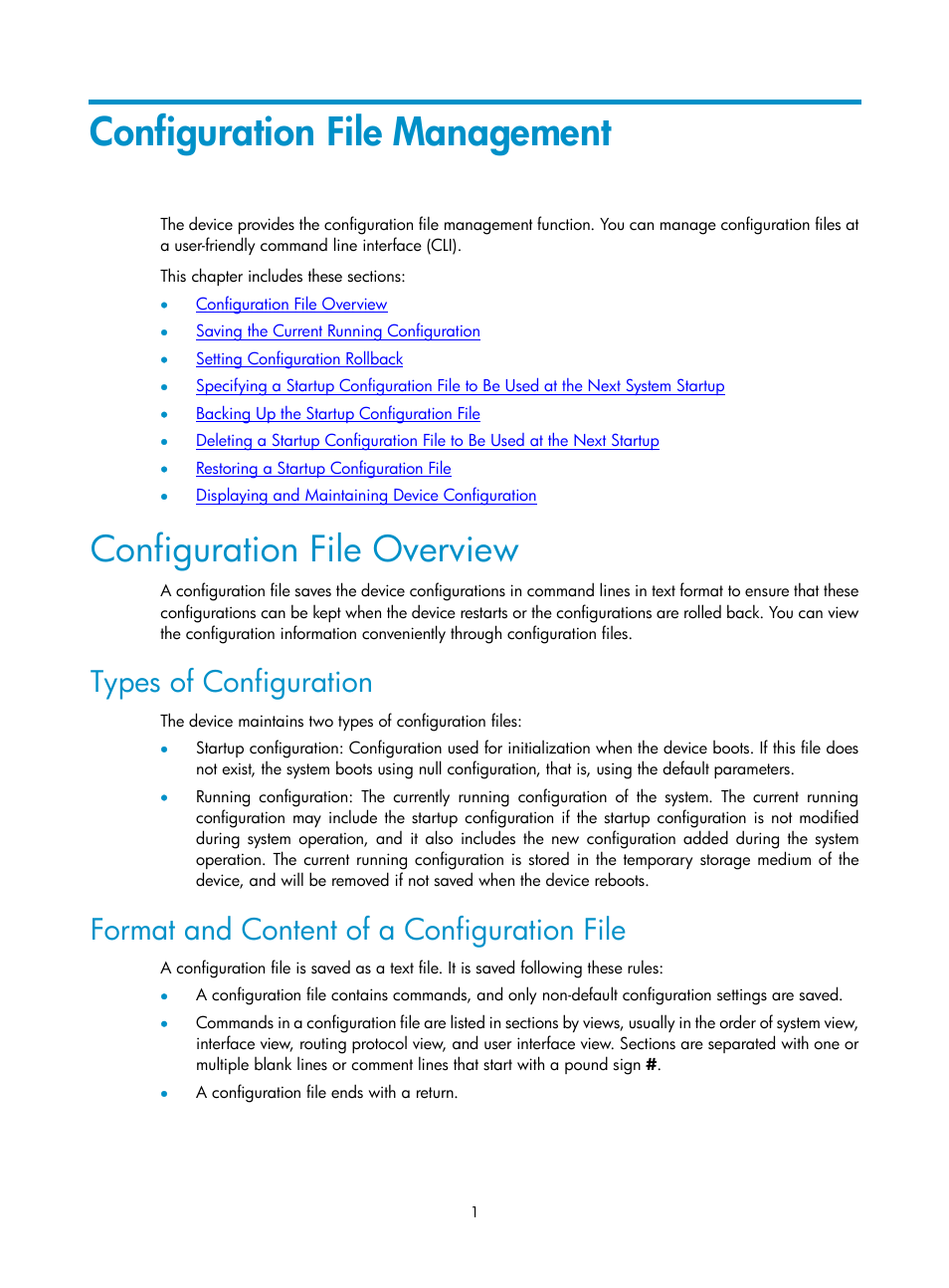 Configuration file management, Configuration file overview, Types of configuration | Format and content of a configuration file | H3C Technologies H3C SecPath F1000-E User Manual | Page 176 / 326