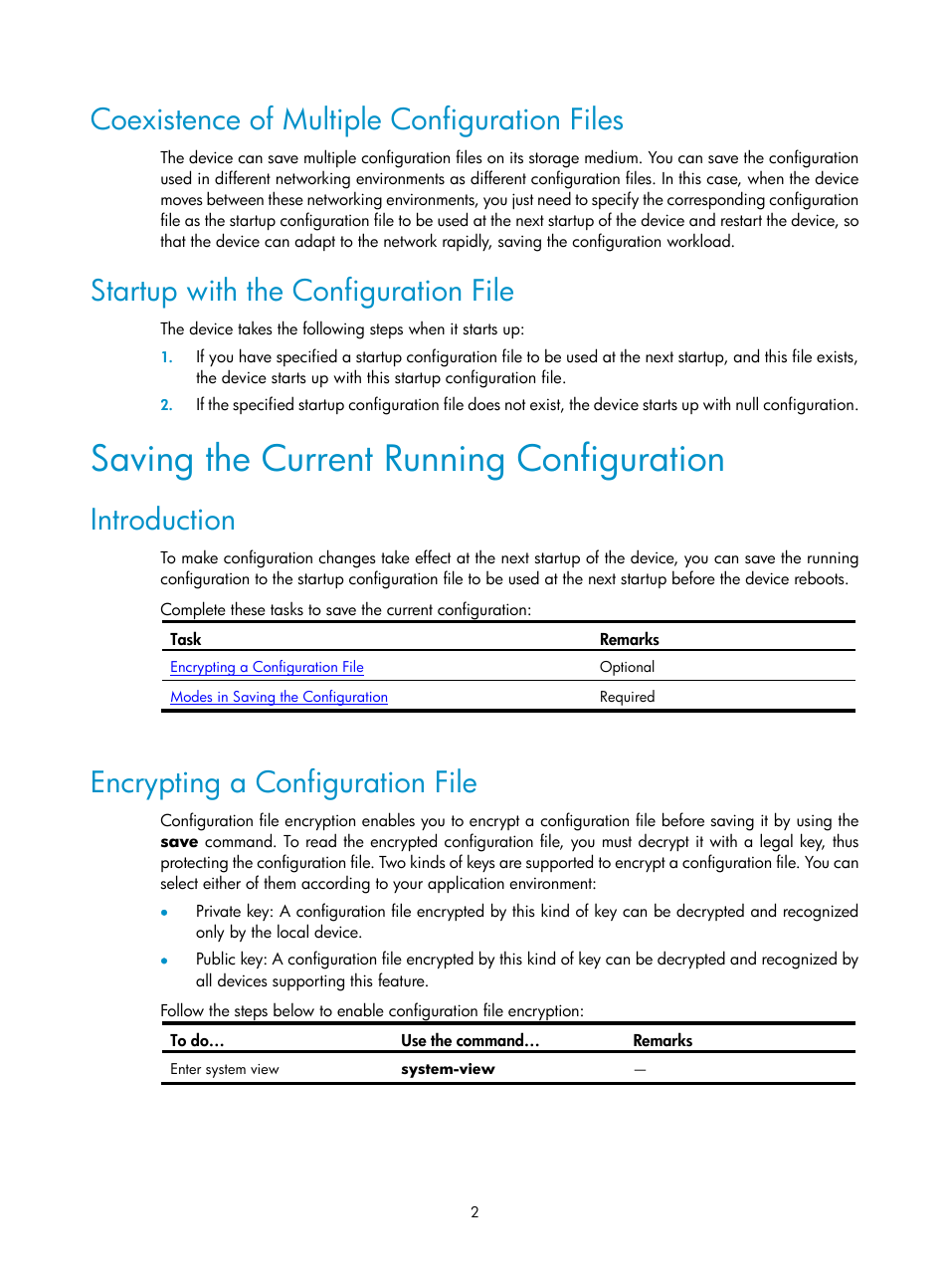 Coexistence of multiple configuration files, Startup with the configuration file, Saving the current running configuration | Introduction, Encrypting a configuration file | H3C Technologies H3C SecPath F1000-E User Manual | Page 177 / 326