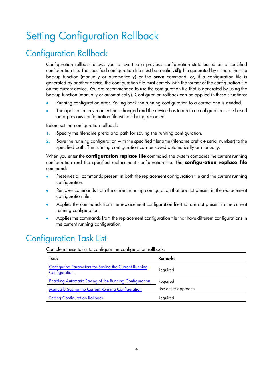 Setting configuration rollback, Configuration rollback, Configuration task list | H3C Technologies H3C SecPath F1000-E User Manual | Page 179 / 326