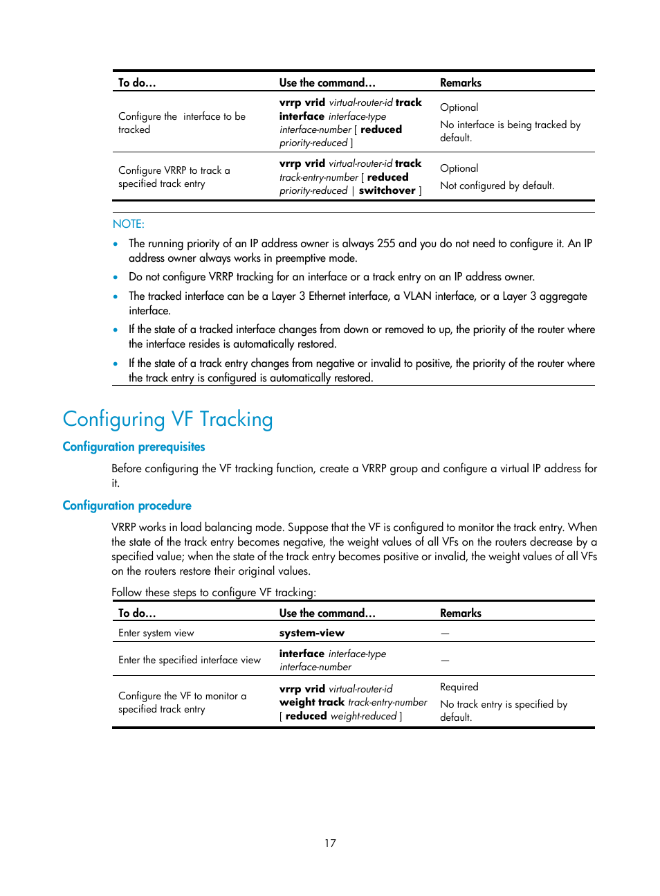 Configuring vf tracking, Configuration prerequisites, Configuration procedure | H3C Technologies H3C SecPath F1000-E User Manual | Page 18 / 326