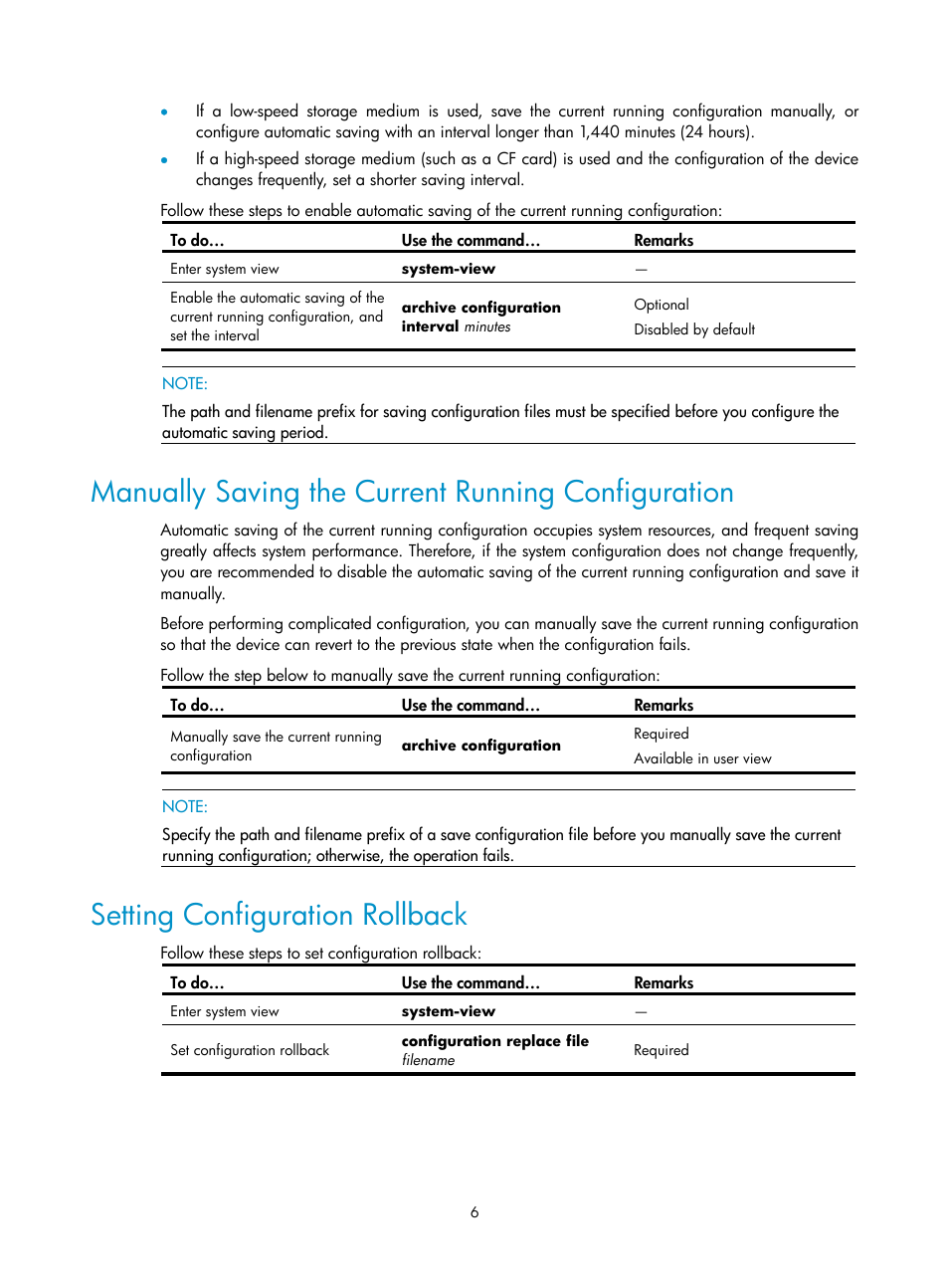 Manually saving the current running configuration, Setting configuration rollback | H3C Technologies H3C SecPath F1000-E User Manual | Page 181 / 326