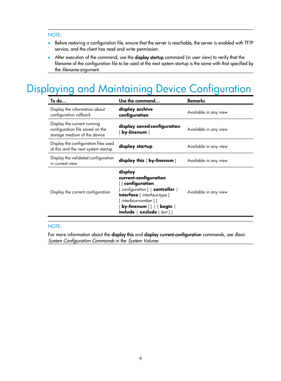 Displaying and maintaining device configuration | H3C Technologies H3C SecPath F1000-E User Manual | Page 184 / 326