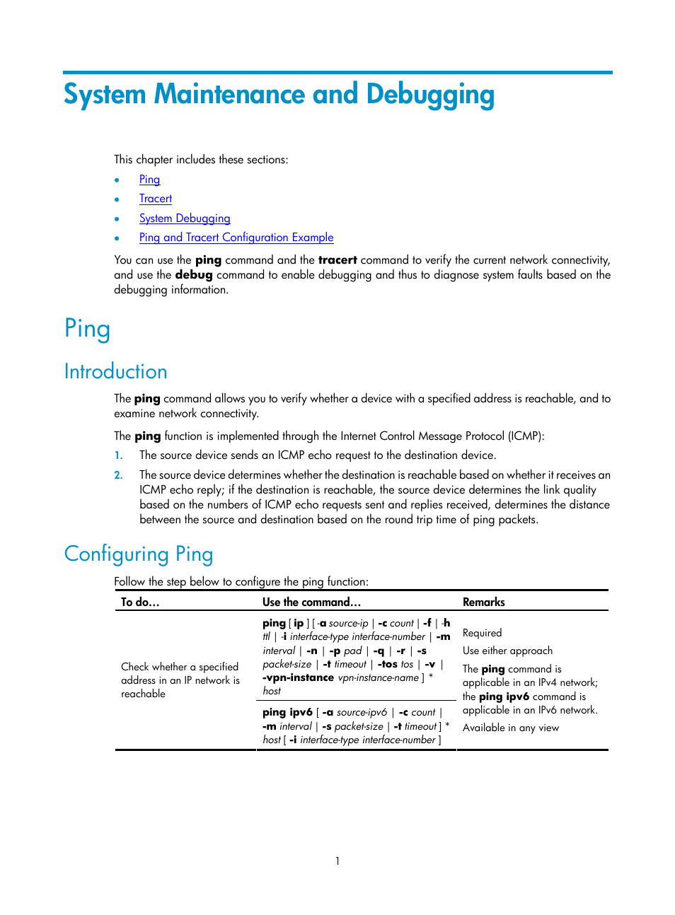 System maintenance and debugging, Ping, Introduction | Configuring ping | H3C Technologies H3C SecPath F1000-E User Manual | Page 186 / 326