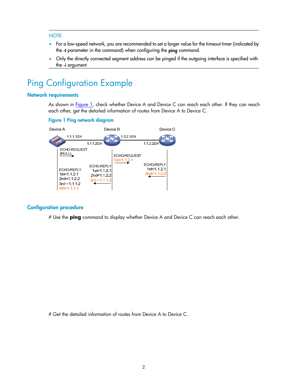 Ping configuration example, Network requirements, Configuration procedure | H3C Technologies H3C SecPath F1000-E User Manual | Page 187 / 326