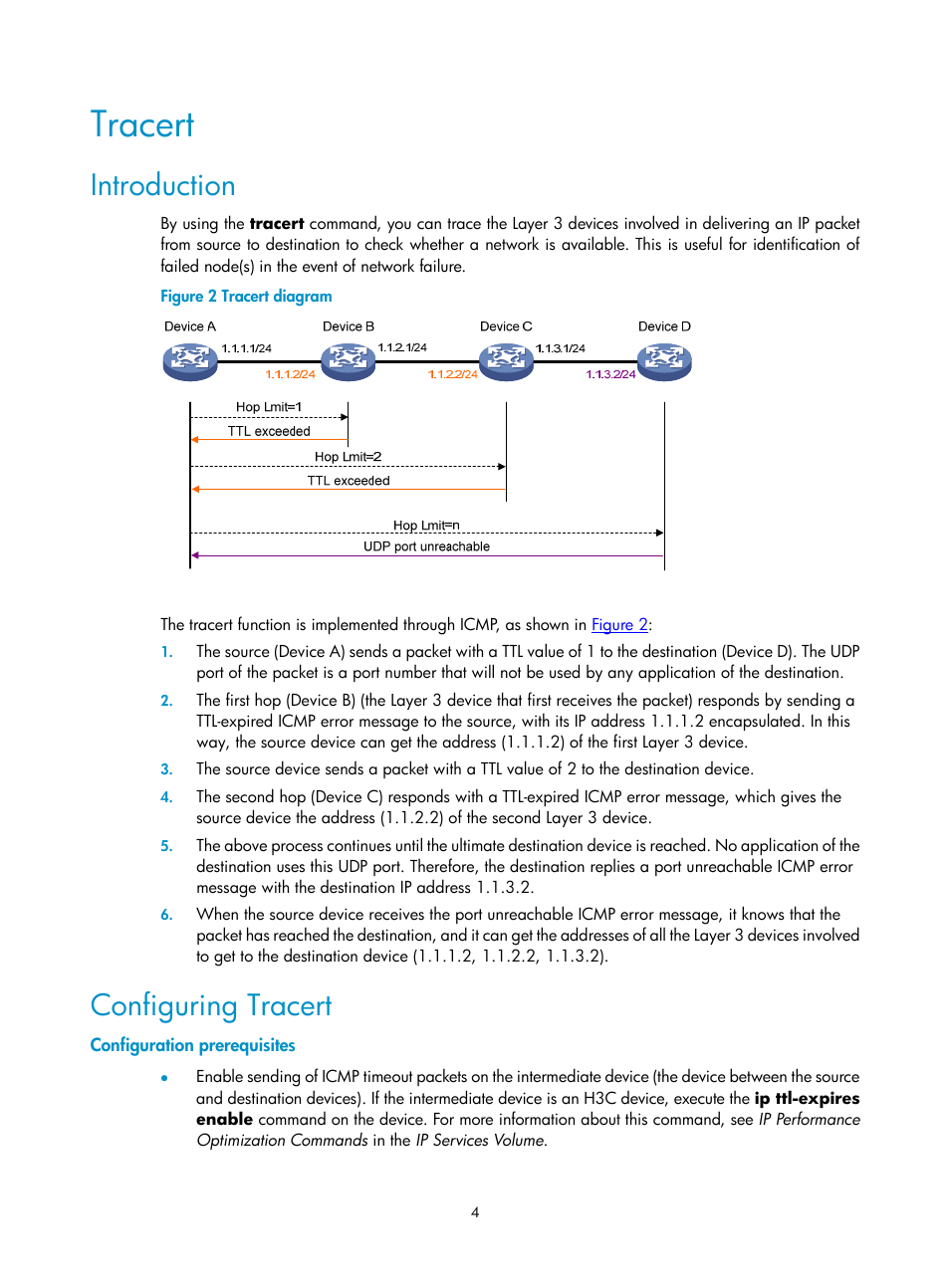 Tracert, Introduction, Configuring tracert | Configuration prerequisites | H3C Technologies H3C SecPath F1000-E User Manual | Page 189 / 326