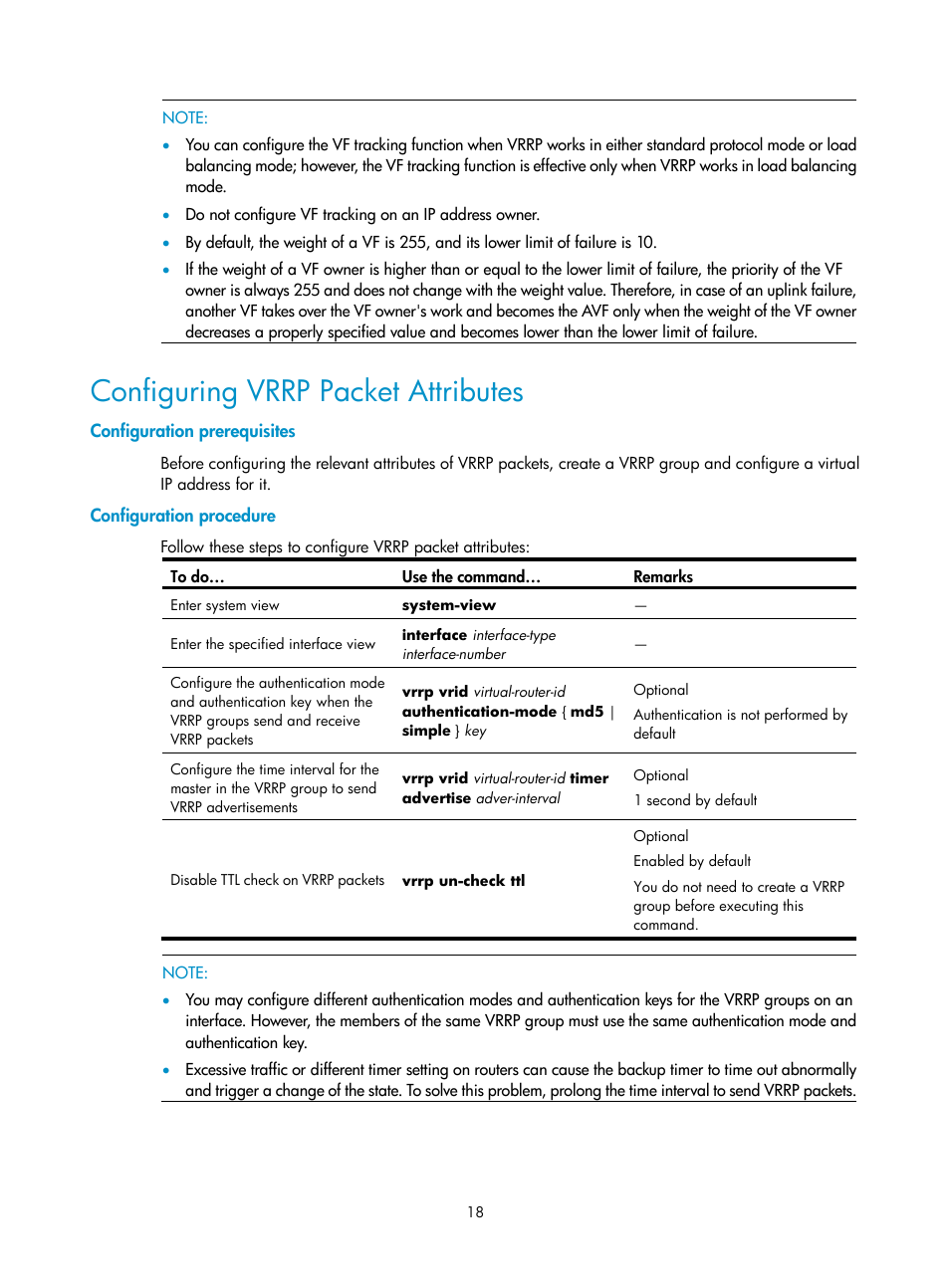 Configuring vrrp packet attributes, Configuration prerequisites, Configuration procedure | H3C Technologies H3C SecPath F1000-E User Manual | Page 19 / 326