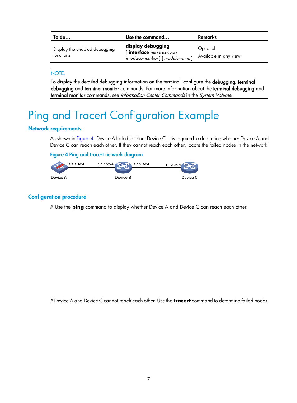 Ping and tracert configuration example, Network requirements, Configuration procedure | H3C Technologies H3C SecPath F1000-E User Manual | Page 192 / 326