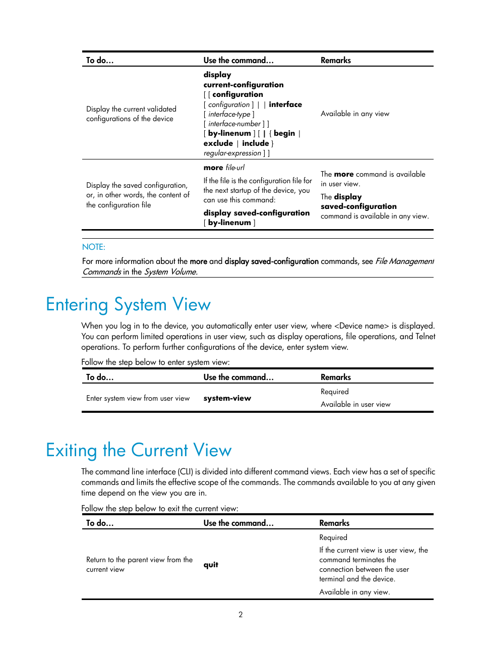 Entering system view, Exiting the current view | H3C Technologies H3C SecPath F1000-E User Manual | Page 196 / 326