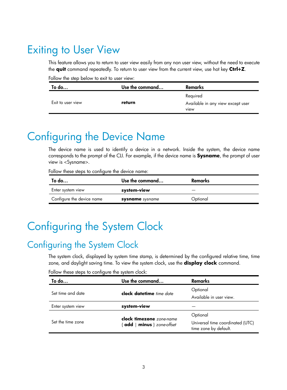 Exiting to user view, Configuring the device name, Configuring the system clock | H3C Technologies H3C SecPath F1000-E User Manual | Page 197 / 326