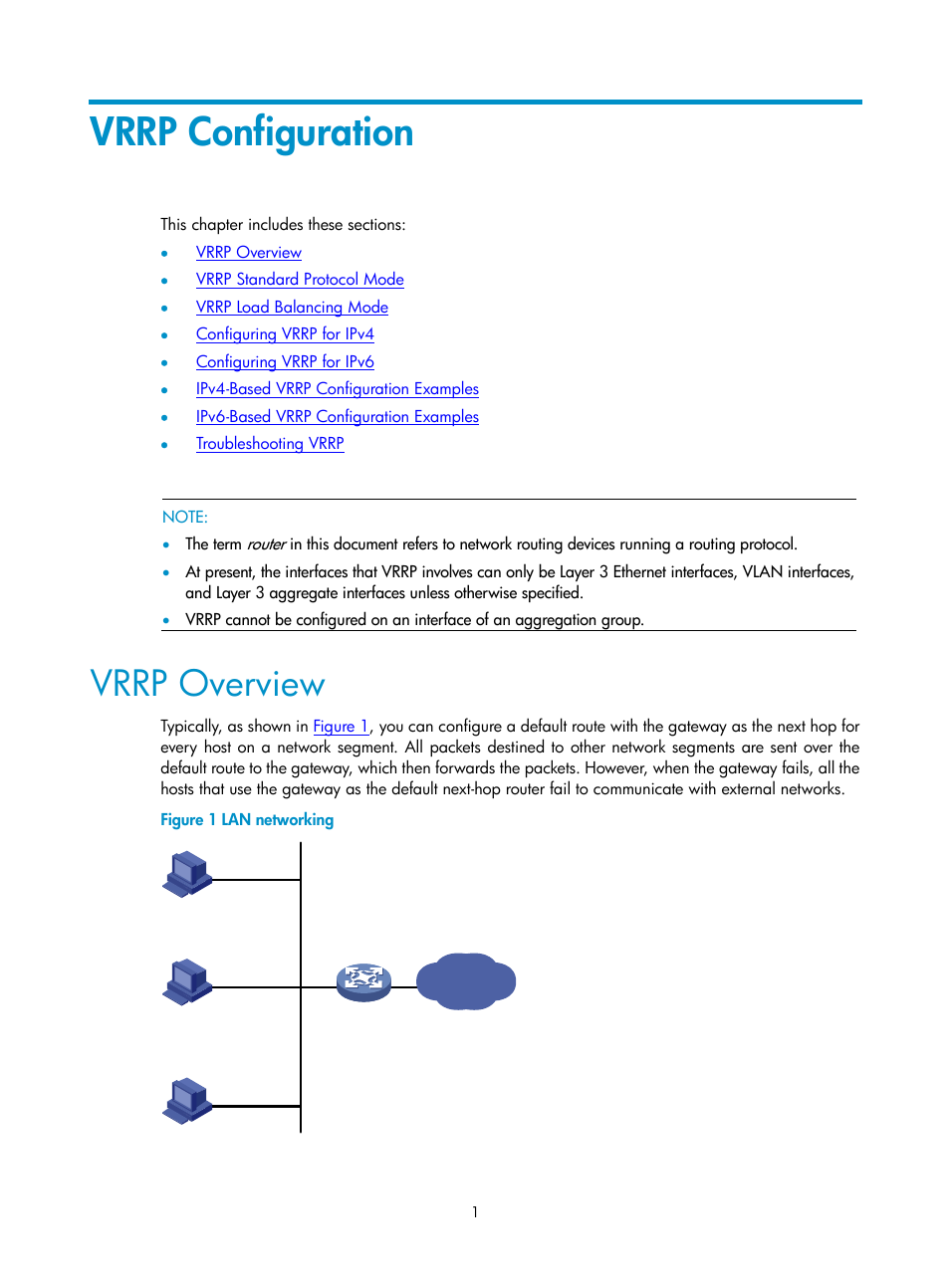 Vrrp configuration, Vrrp overview | H3C Technologies H3C SecPath F1000-E User Manual | Page 2 / 326