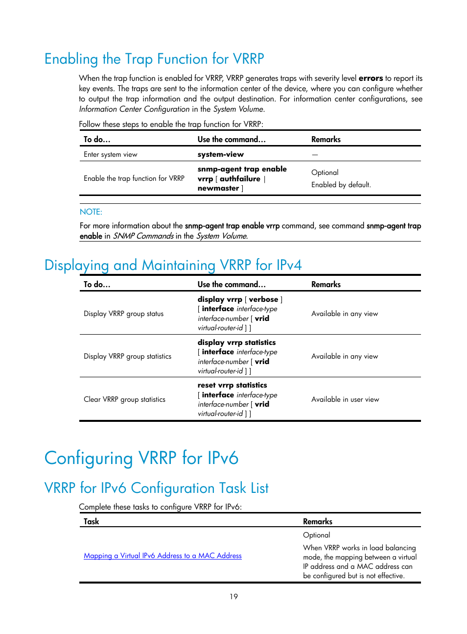 Enabling the trap function for vrrp, Displaying and maintaining vrrp for ipv4, Configuring vrrp for ipv6 | Vrrp for ipv6 configuration task list | H3C Technologies H3C SecPath F1000-E User Manual | Page 20 / 326