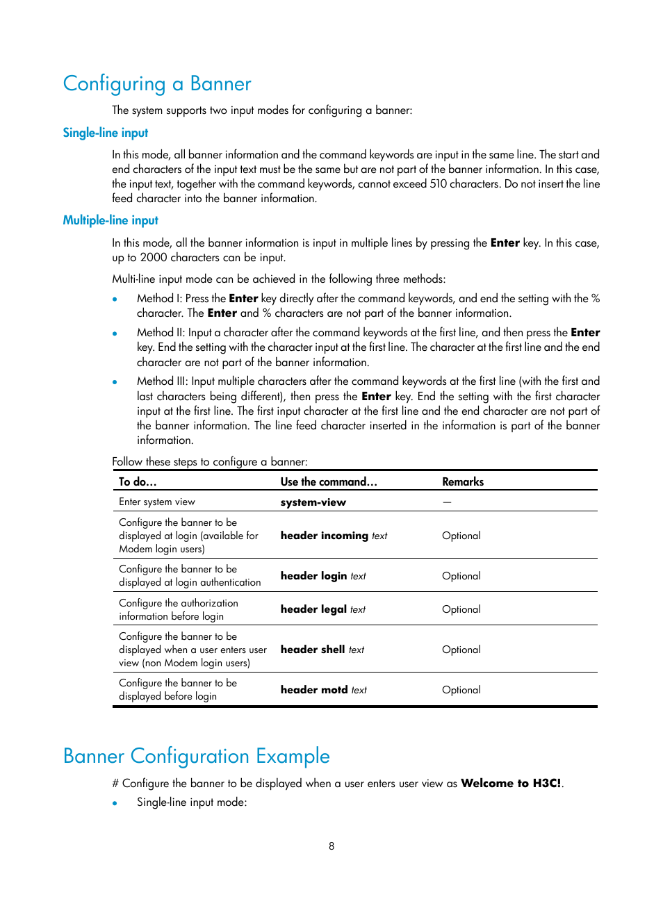 Single-line input, Multiple-line input, Configuring a banner | Banner configuration example | H3C Technologies H3C SecPath F1000-E User Manual | Page 202 / 326