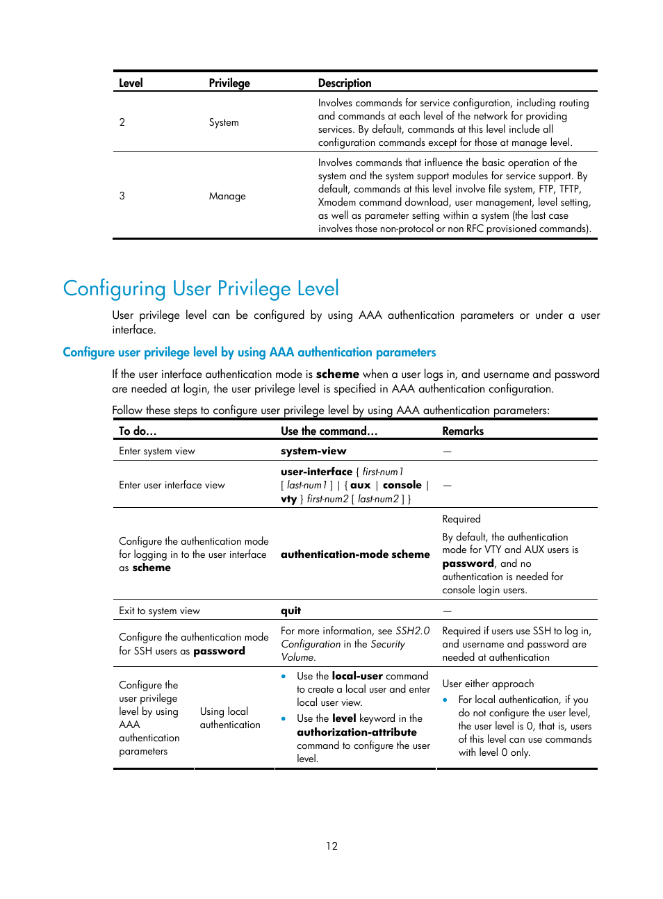 Configuring user privilege level | H3C Technologies H3C SecPath F1000-E User Manual | Page 206 / 326