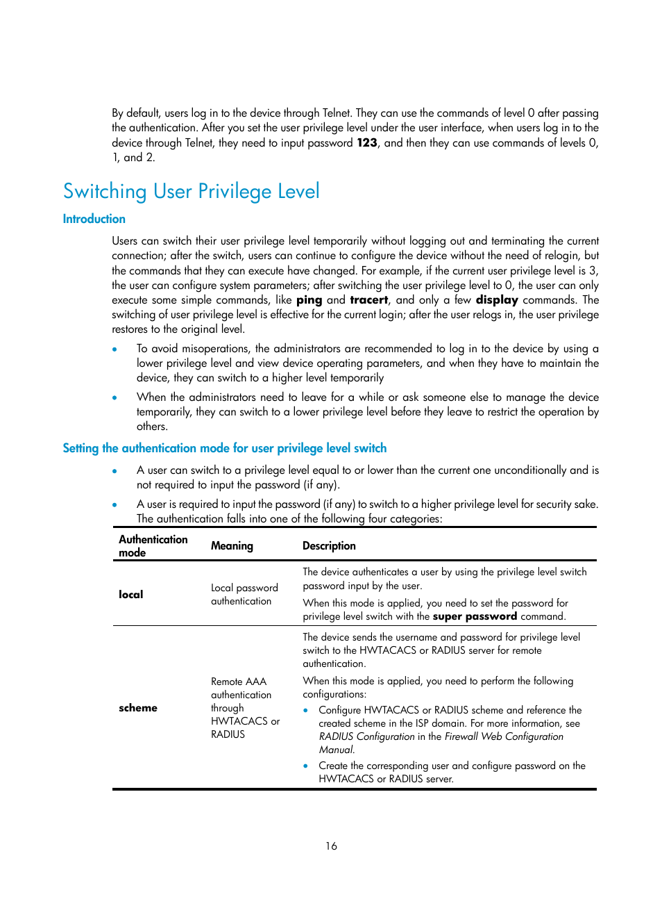 Introduction, Switching user privilege level | H3C Technologies H3C SecPath F1000-E User Manual | Page 210 / 326