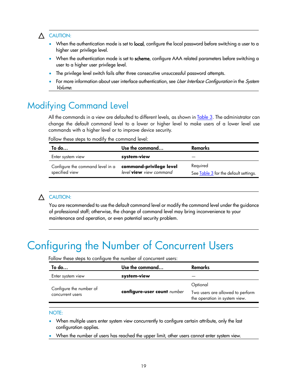 Configuring the number of concurrent users, Modifying command level | H3C Technologies H3C SecPath F1000-E User Manual | Page 213 / 326