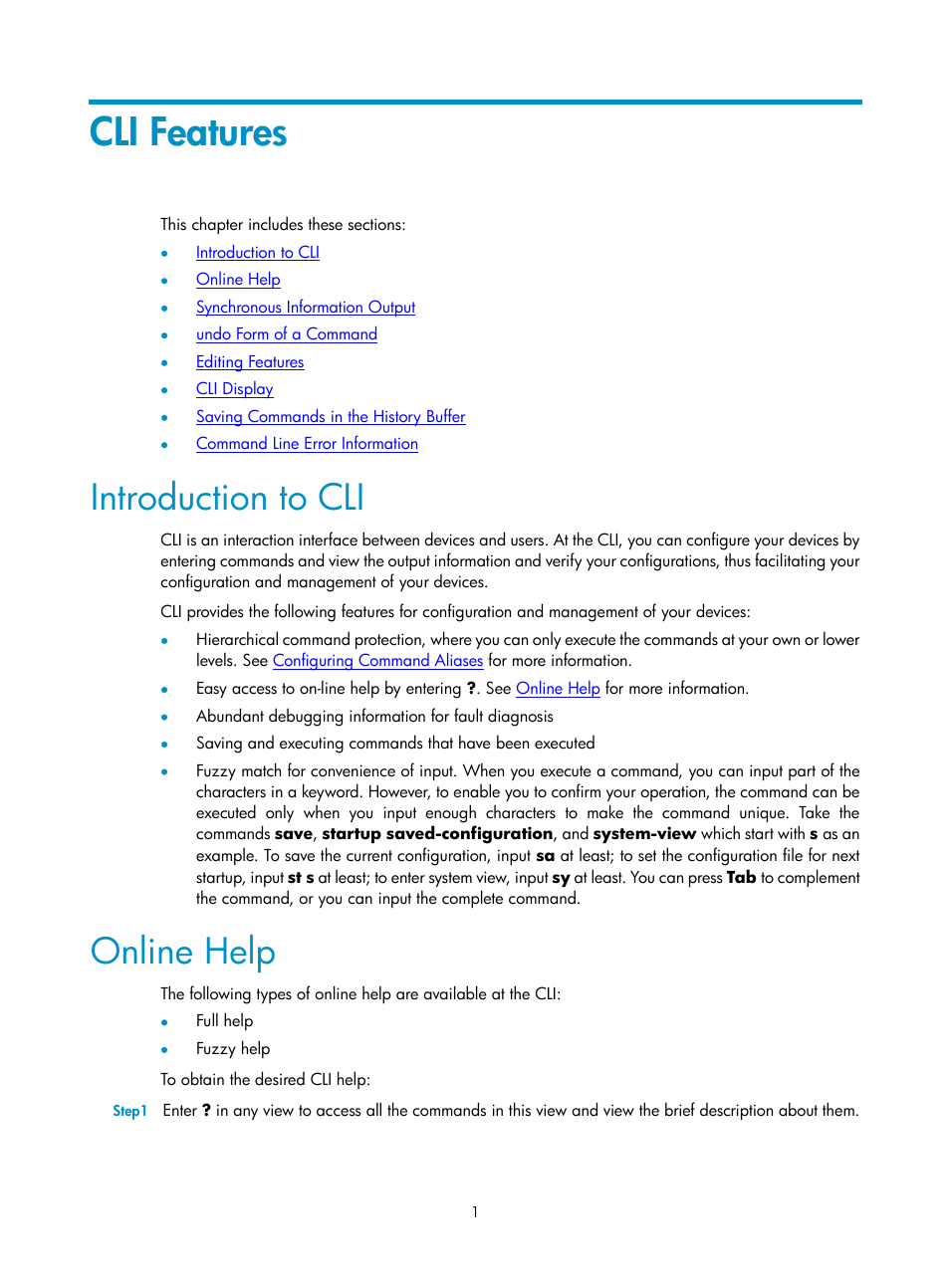 Cli features, Introduction to cli, Online help | H3C Technologies H3C SecPath F1000-E User Manual | Page 215 / 326