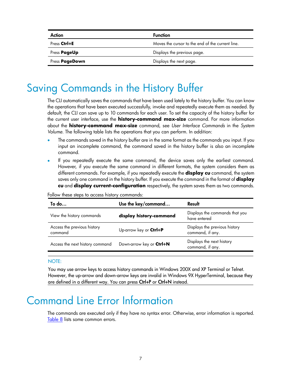 Saving commands in the history buffer, Command line error information | H3C Technologies H3C SecPath F1000-E User Manual | Page 221 / 326