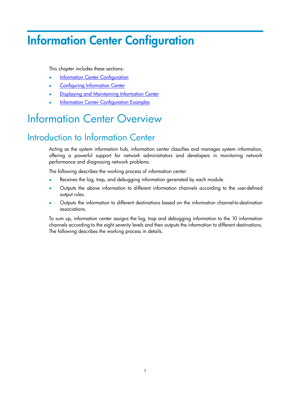 Information center configuration, Information center overview, Introduction to information center | H3C Technologies H3C SecPath F1000-E User Manual | Page 224 / 326