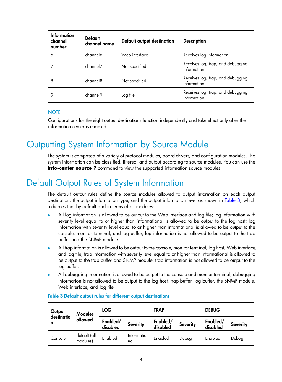 Outputting system information by source module, Default output rules of system information | H3C Technologies H3C SecPath F1000-E User Manual | Page 227 / 326