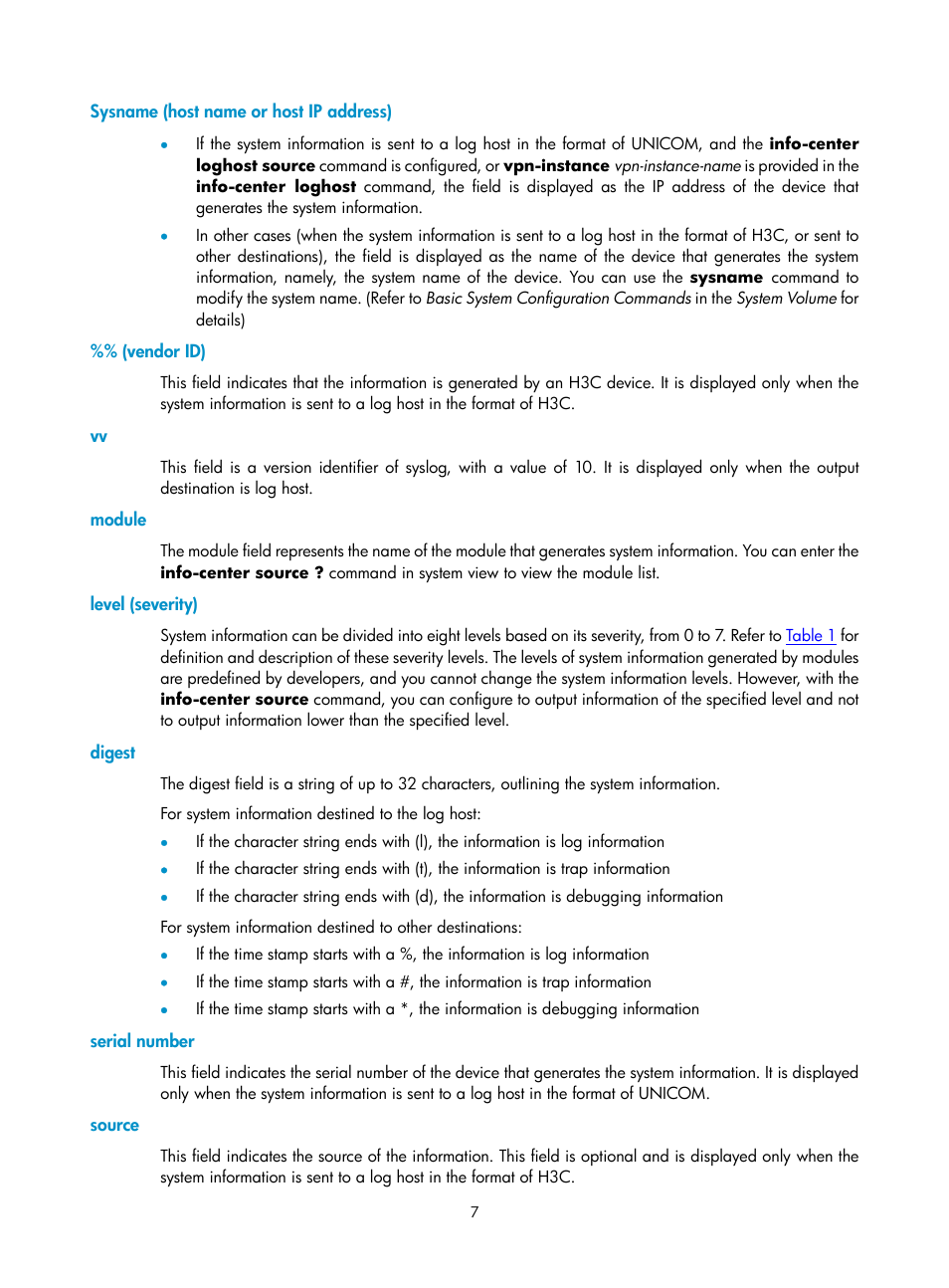 Sysname (host name or host ip address), Vendor id), Module | Level (severity), Digest, Serial number, Source | H3C Technologies H3C SecPath F1000-E User Manual | Page 230 / 326