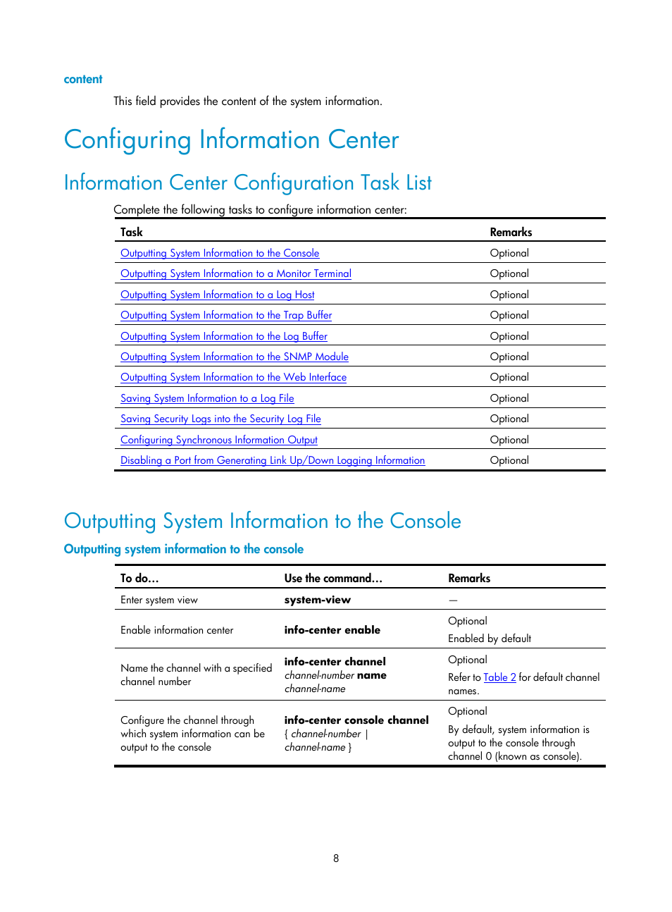 Content, Configuring information center, Information center configuration task list | Outputting system information to the console | H3C Technologies H3C SecPath F1000-E User Manual | Page 231 / 326