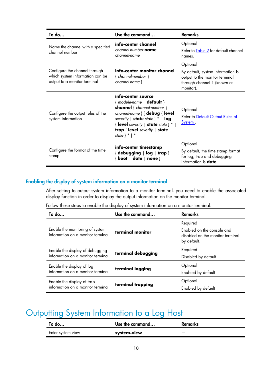 Outputting system information to a log host | H3C Technologies H3C SecPath F1000-E User Manual | Page 233 / 326