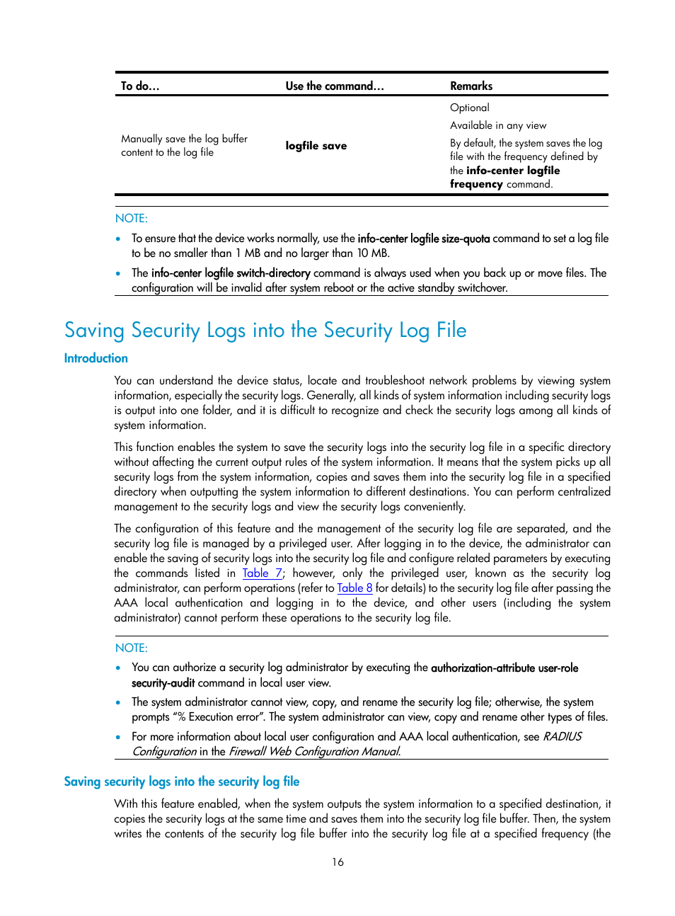 Saving security logs into the security log file, Introduction | H3C Technologies H3C SecPath F1000-E User Manual | Page 239 / 326