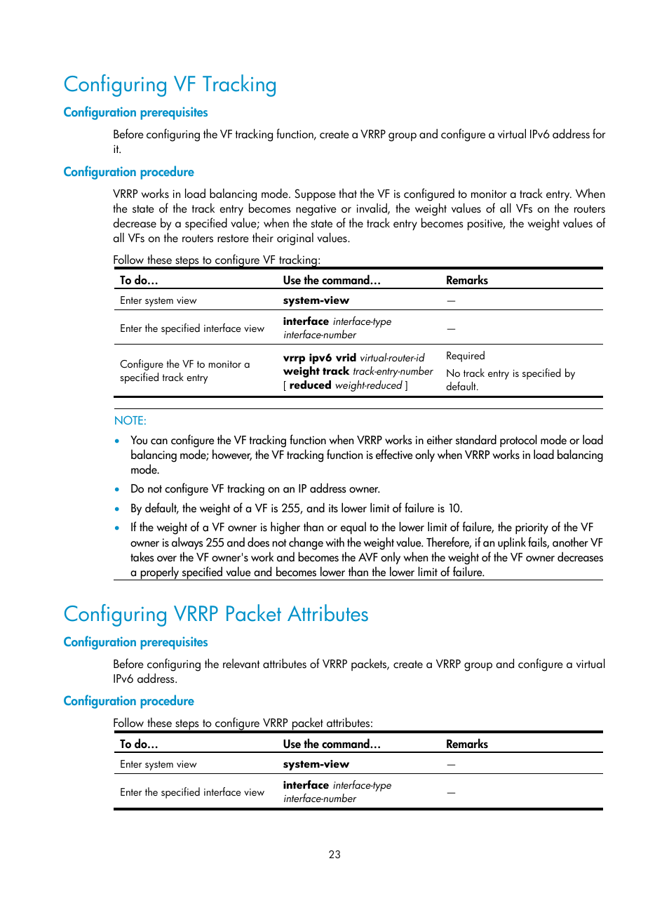 Configuring vf tracking, Configuration prerequisites, Configuration procedure | Configuring vrrp packet attributes | H3C Technologies H3C SecPath F1000-E User Manual | Page 24 / 326