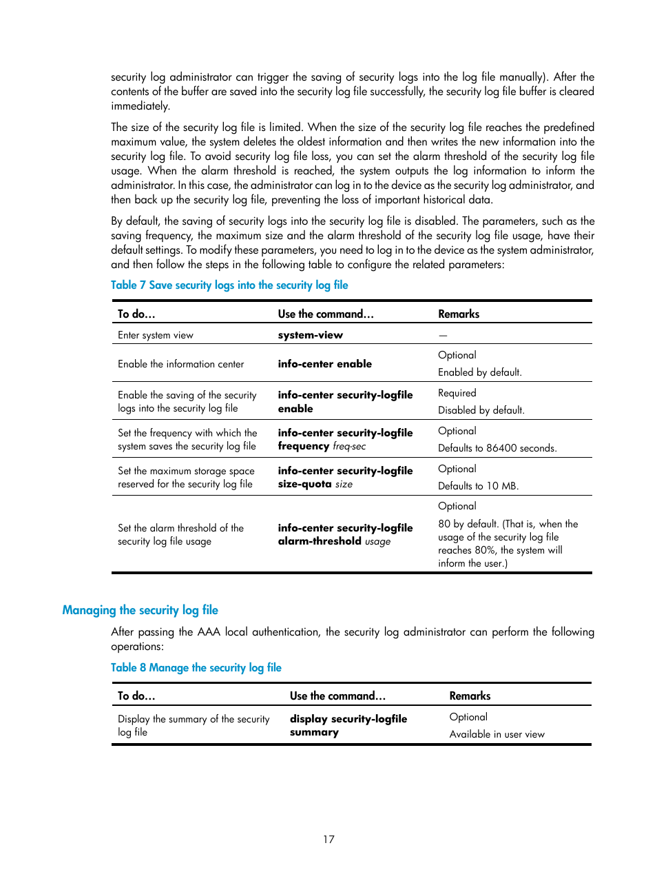 Managing the security log file | H3C Technologies H3C SecPath F1000-E User Manual | Page 240 / 326