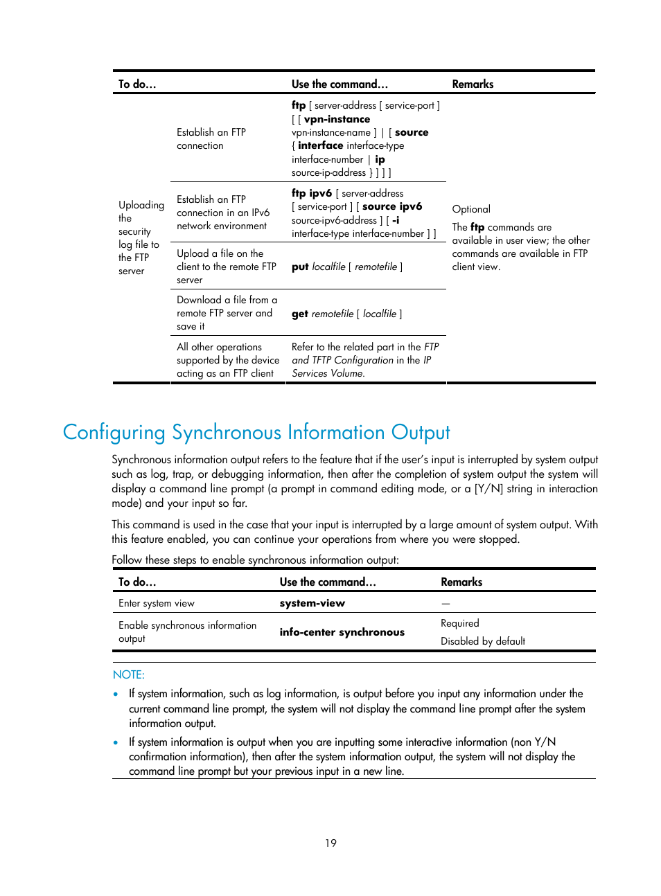 Configuring synchronous information output | H3C Technologies H3C SecPath F1000-E User Manual | Page 242 / 326