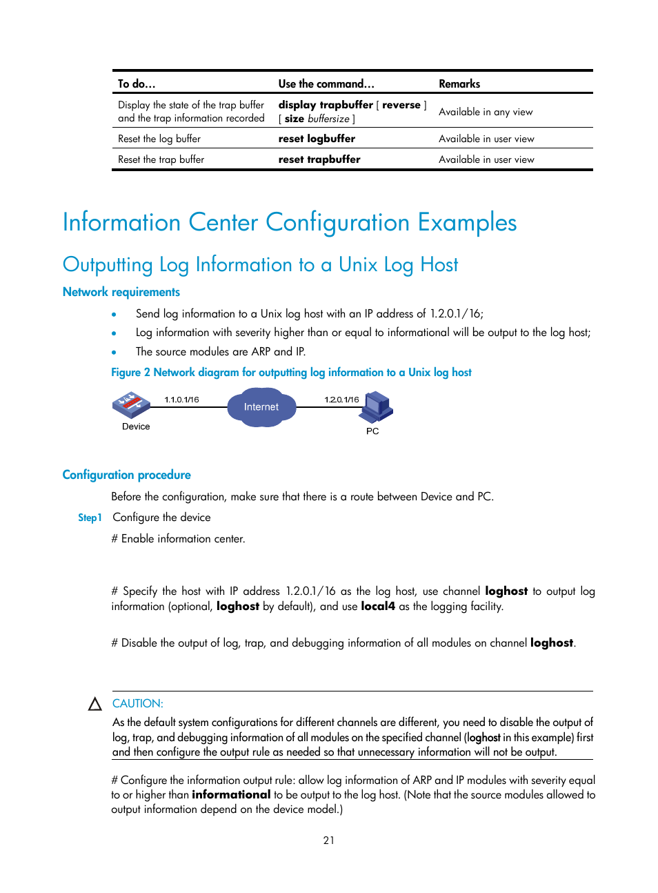 Information center configuration examples, Outputting log information to a unix log host, Network requirements | Configuration procedure | H3C Technologies H3C SecPath F1000-E User Manual | Page 244 / 326