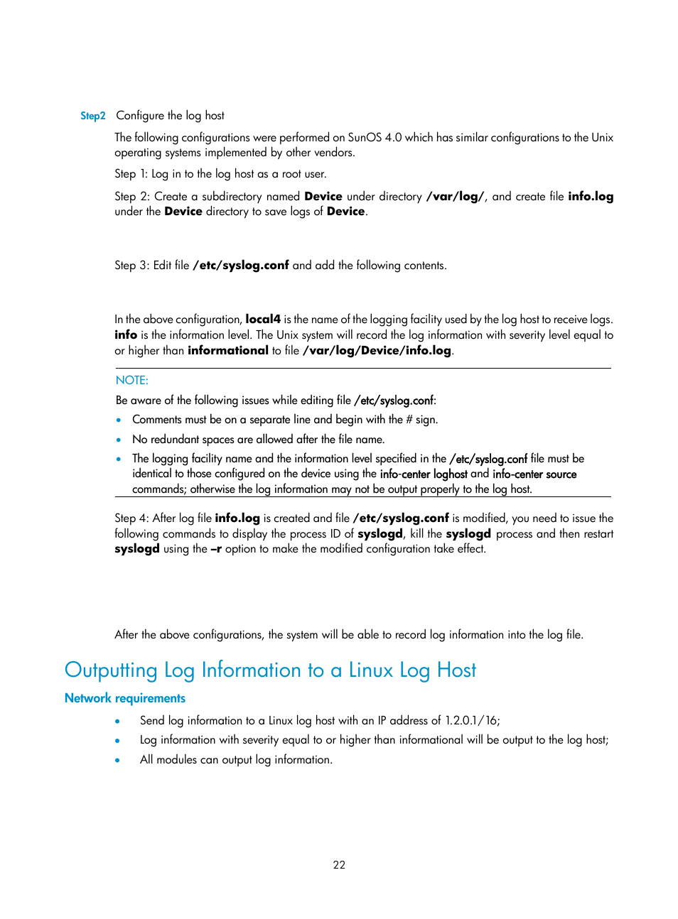 Outputting log information to a linux log host, Network requirements | H3C Technologies H3C SecPath F1000-E User Manual | Page 245 / 326