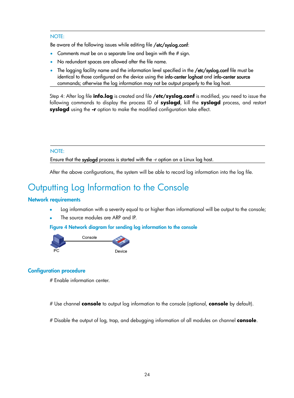 Outputting log information to the console, Network requirements, Configuration procedure | H3C Technologies H3C SecPath F1000-E User Manual | Page 247 / 326