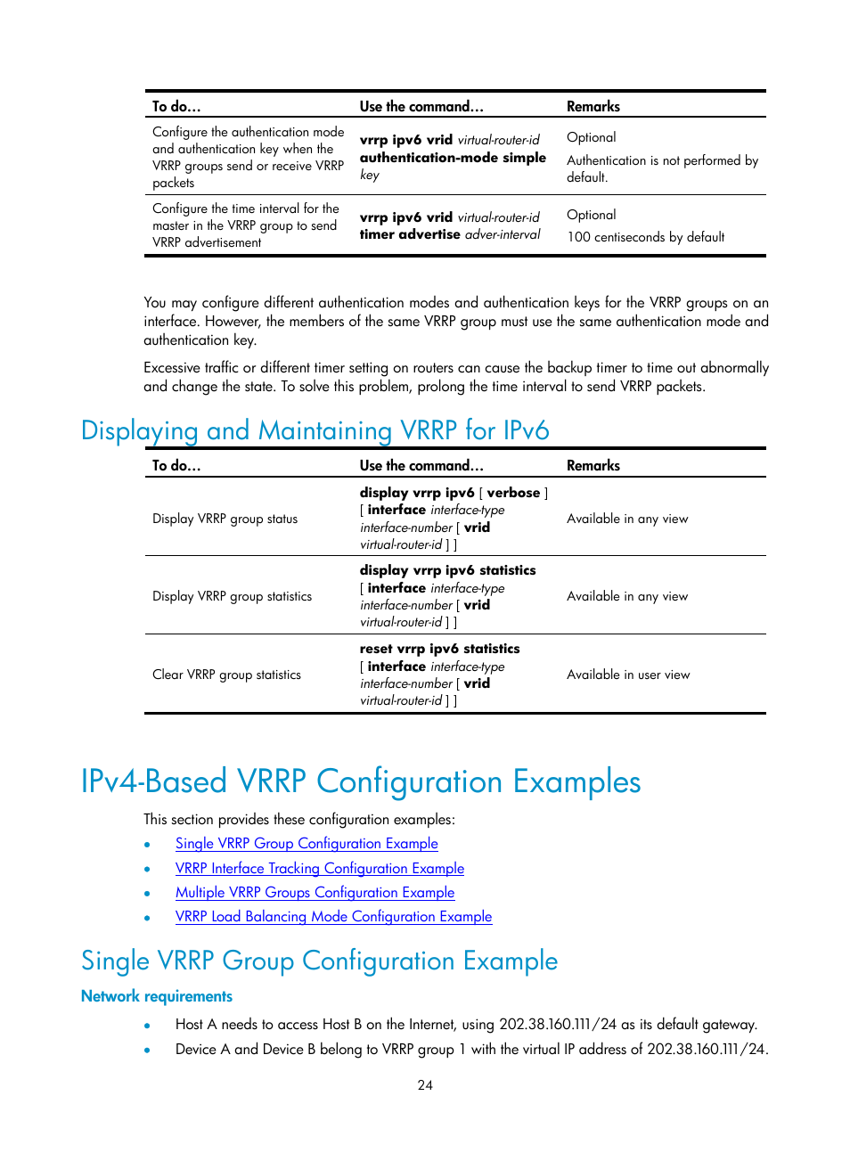 Displaying and maintaining vrrp for ipv6, Ipv4-based vrrp configuration examples, Single vrrp group configuration example | Network requirements | H3C Technologies H3C SecPath F1000-E User Manual | Page 25 / 326