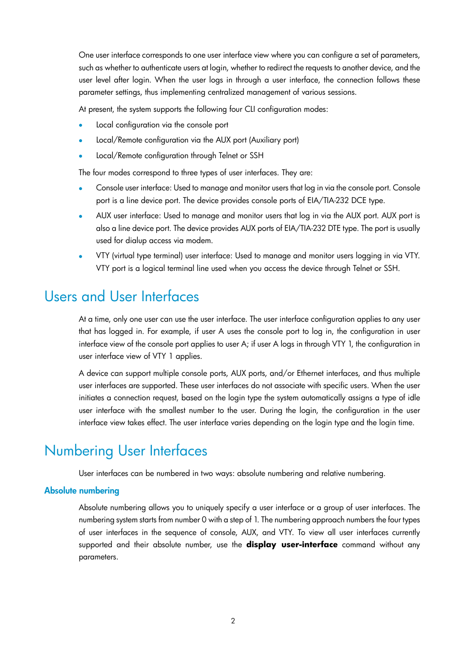 Users and user interfaces, Numbering user interfaces, Absolute numbering | H3C Technologies H3C SecPath F1000-E User Manual | Page 254 / 326