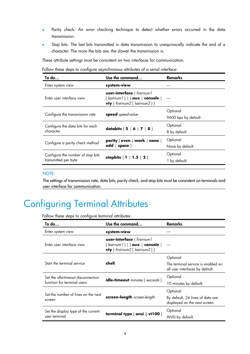 Configuring terminal attributes | H3C Technologies H3C SecPath F1000-E User Manual | Page 256 / 326