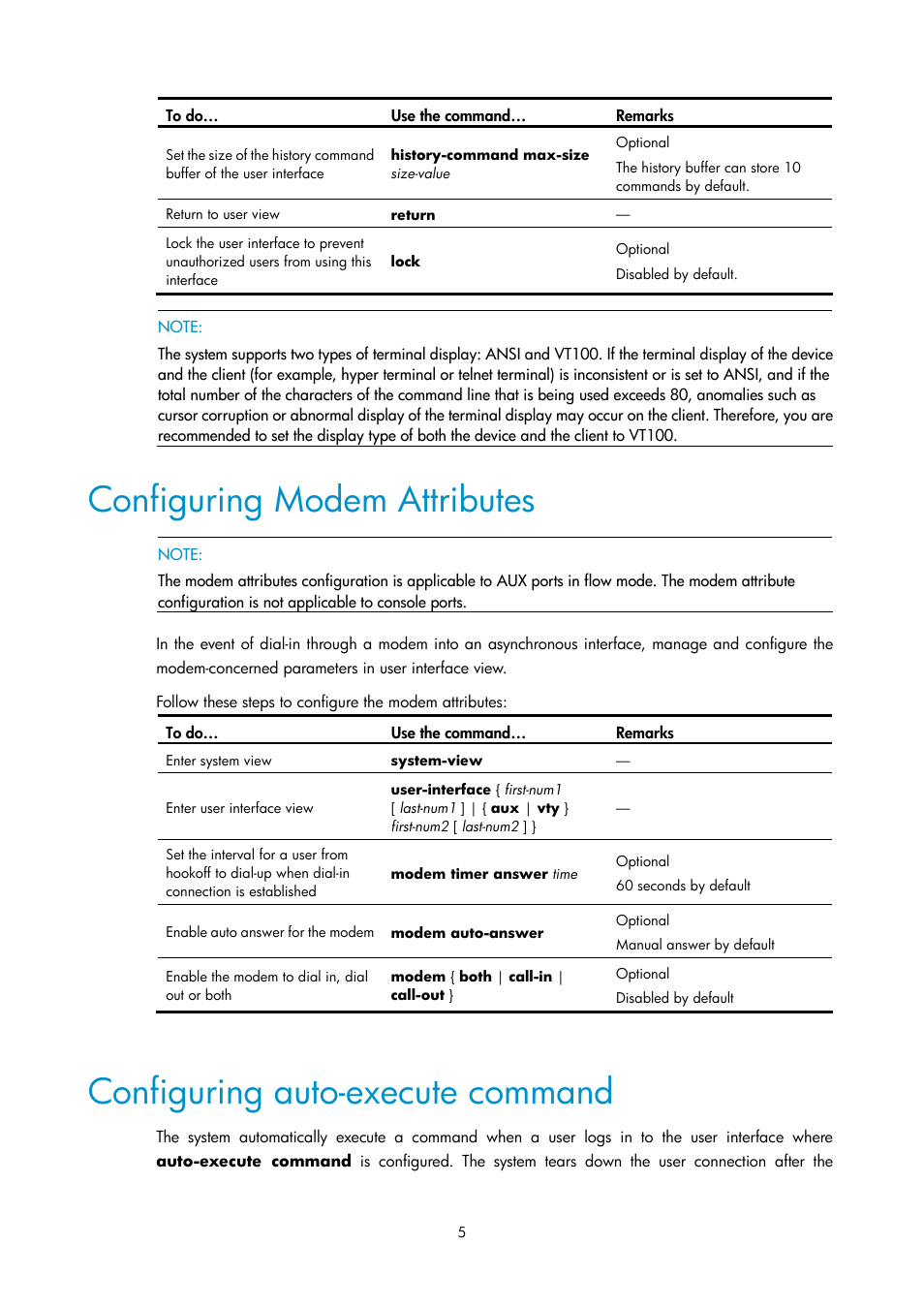 Configuring modem attributes, Configuring auto-execute command | H3C Technologies H3C SecPath F1000-E User Manual | Page 257 / 326