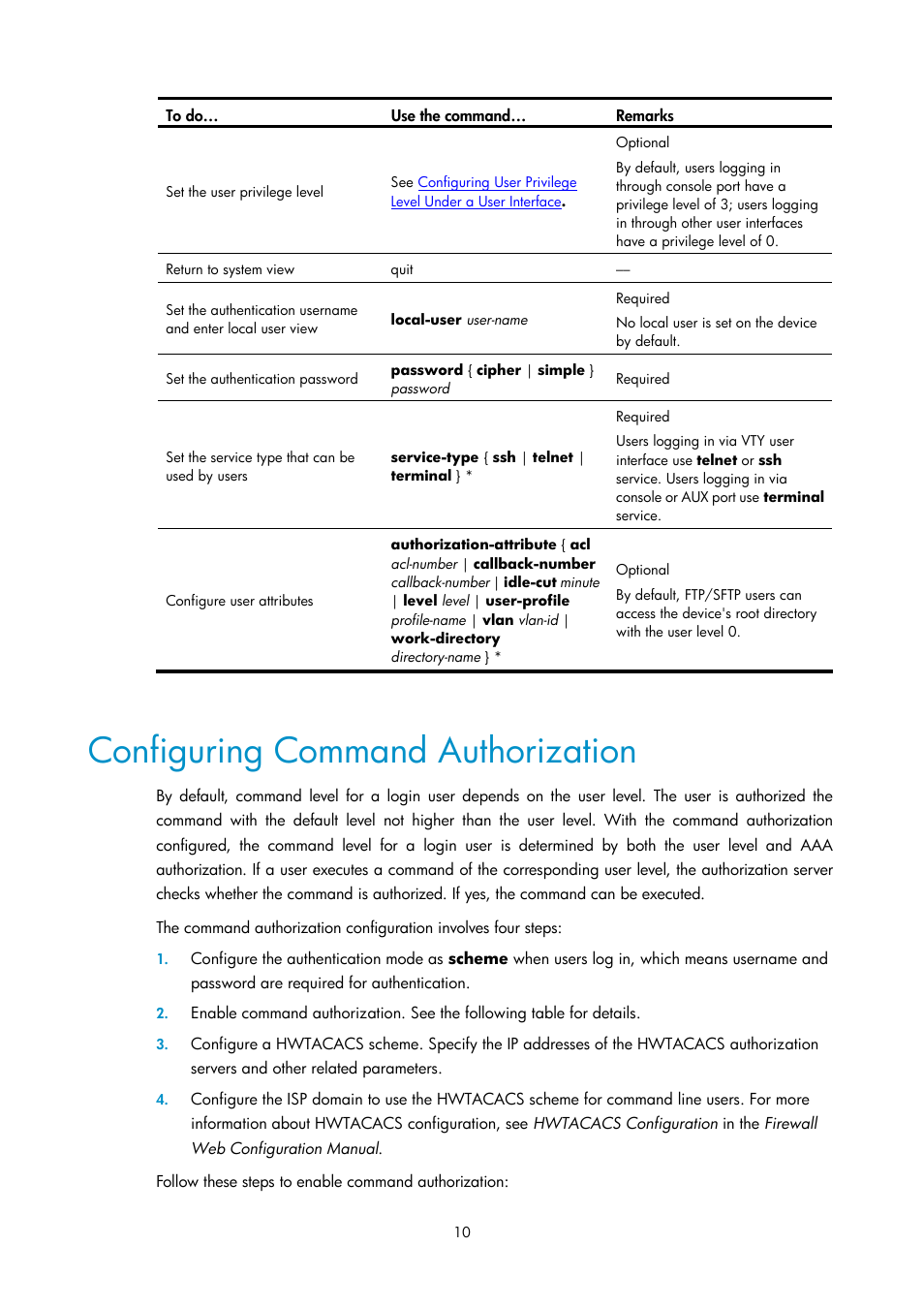 Configuring command authorization | H3C Technologies H3C SecPath F1000-E User Manual | Page 262 / 326