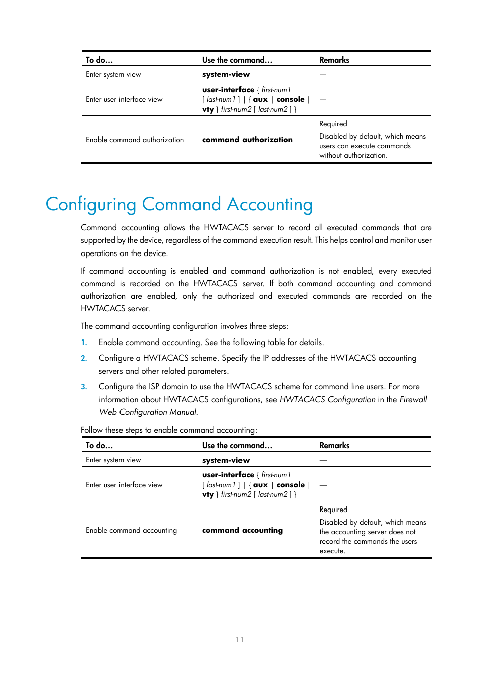 Configuring command accounting | H3C Technologies H3C SecPath F1000-E User Manual | Page 263 / 326