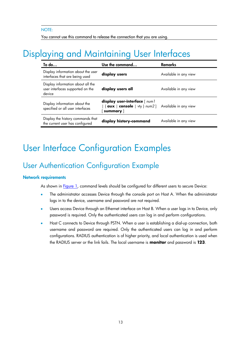 Displaying and maintaining user interfaces, User interface configuration examples, User authentication configuration example | Network requirements | H3C Technologies H3C SecPath F1000-E User Manual | Page 265 / 326