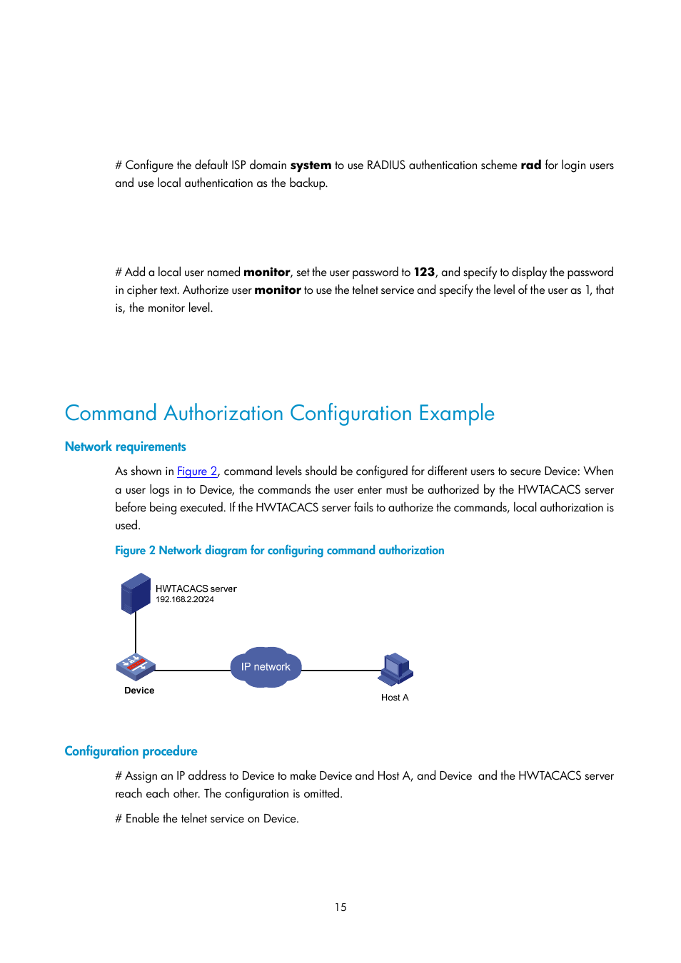 Command authorization configuration example, Network requirements, Configuration procedure | H3C Technologies H3C SecPath F1000-E User Manual | Page 267 / 326