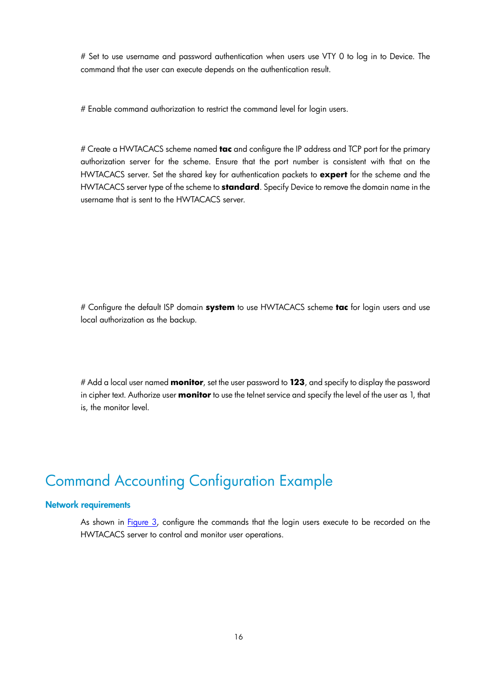 Command accounting configuration example, Network requirements | H3C Technologies H3C SecPath F1000-E User Manual | Page 268 / 326