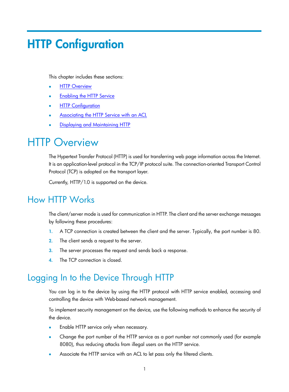 Http configuration, Http overview, How http works | Logging in to the device through http | H3C Technologies H3C SecPath F1000-E User Manual | Page 272 / 326