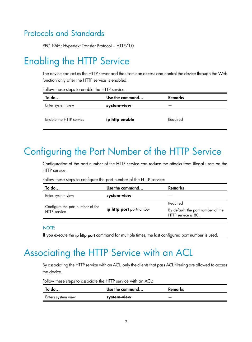 Protocols and standards, Enabling the http service, Configuring the port number of the http service | Associating the http service with an acl | H3C Technologies H3C SecPath F1000-E User Manual | Page 273 / 326