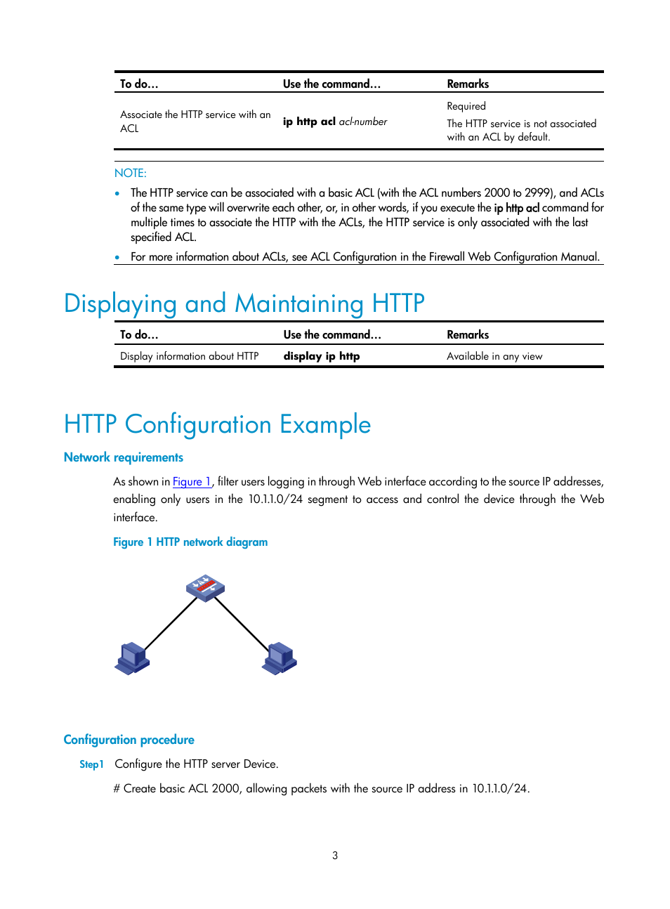 Displaying and maintaining http, Http configuration example, Network requirements | Configuration procedure | H3C Technologies H3C SecPath F1000-E User Manual | Page 274 / 326