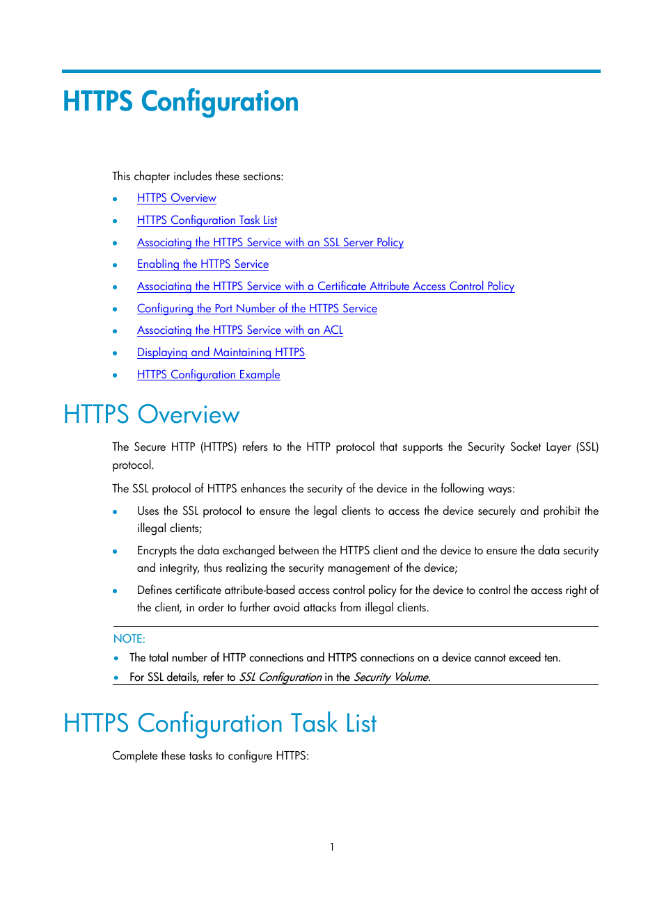 Https configuration, Https overview, Https configuration task list | H3C Technologies H3C SecPath F1000-E User Manual | Page 276 / 326