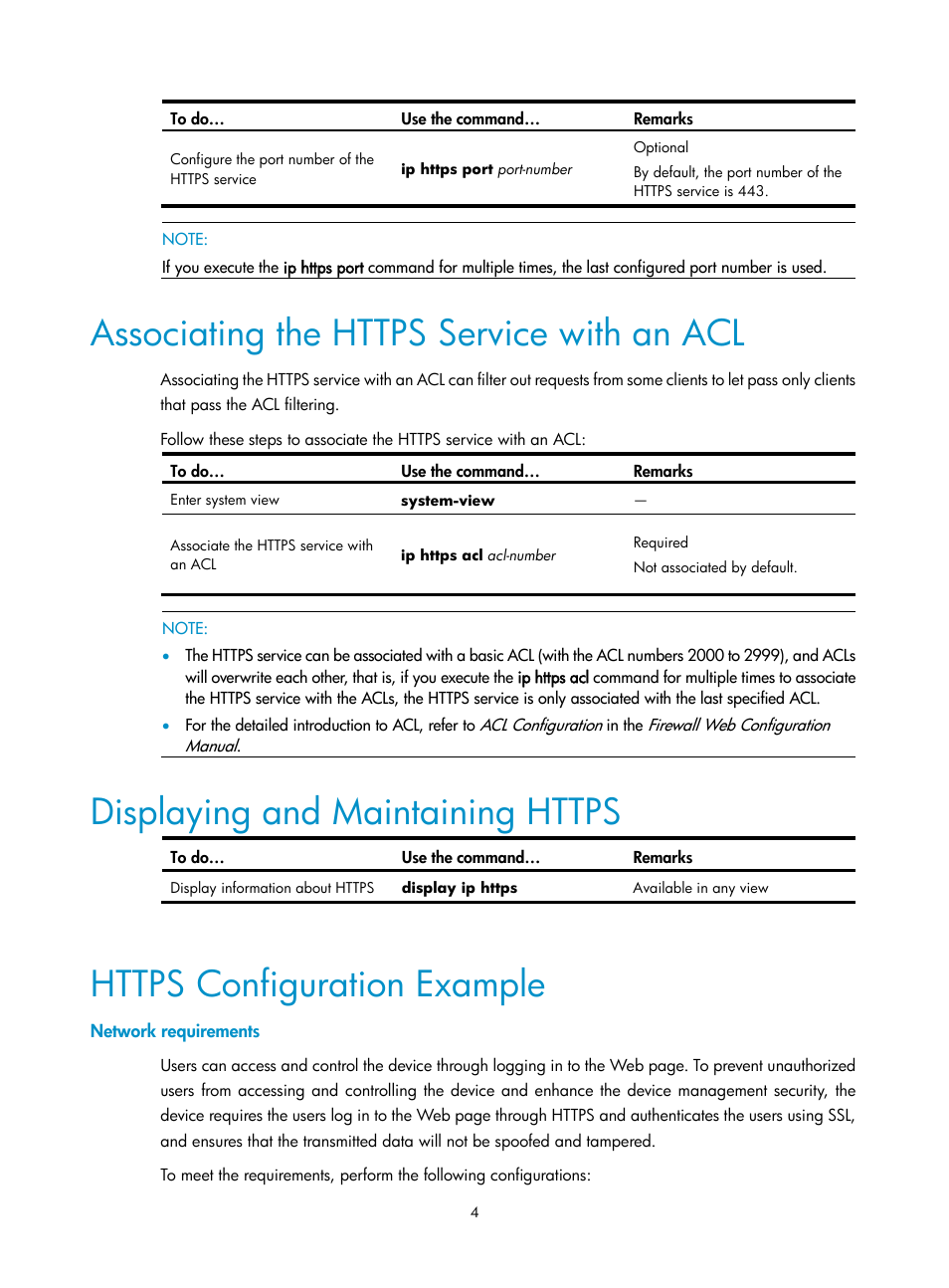 Associating the https service with an acl, Displaying and maintaining https, Https configuration example | Network requirements | H3C Technologies H3C SecPath F1000-E User Manual | Page 279 / 326